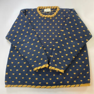 YETI Blue Hand Knit Wool Sweater XL Made Nepal Fisherman Heavy Polka Dot